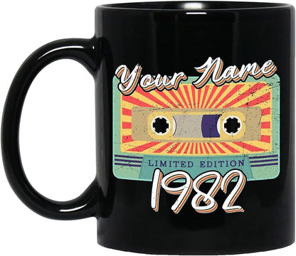 Personalized Vintage Cassette Tape Vintage 1982 Mug, Custom Your Name, 1982 Retro Coffee Mug, 40th Birthday Present Gifts, 1982 Birthday Gift For Friends Family, Customizable Black Tea Cups