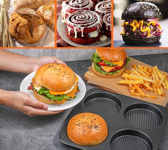 Webake 5" Large Hamburger Bun Pan, Nonstick Bun Pans for Baking, Heavy Gauge Carbon Steel, Homemade Burger Set of 2