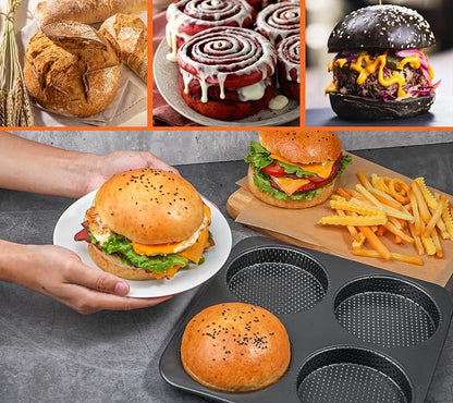 Webake 5" Large Hamburger Bun Pan, Nonstick Bun Pans for Baking, Heavy Gauge Carbon Steel, Homemade Burger Set of 2