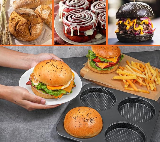 Webake 5" Large Hamburger Bun Pan, Nonstick Bun Pans for Baking, Heavy Gauge Carbon Steel, Homemade Burger Set of 2