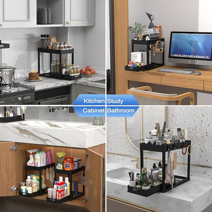 2pcs Under Sink Organizer Kitchen Bathroom Storage Cabinet 2 tier Sliding Drawer Counter Organization Shelf Storage Drawers Rack with Pull Out Basket and Hooks Black