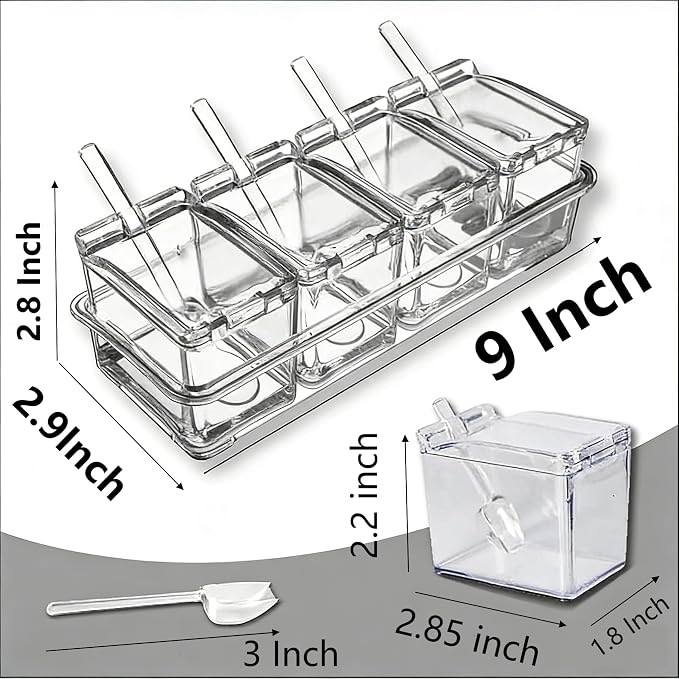 Clear 4-Piece Condiment Seasoning Container Set with Lids & Spoons | 4pc clear condiment set with lids & spoons, non-slip tray countertop storage for salt sugar pepper spice