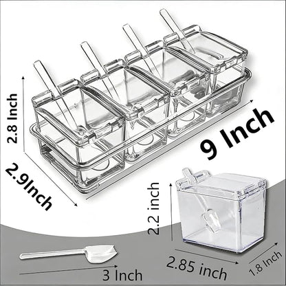 Clear 4-Piece Condiment Seasoning Container Set with Lids & Spoons | 4pc clear condiment set with lids & spoons, non-slip tray countertop storage for salt sugar pepper spice