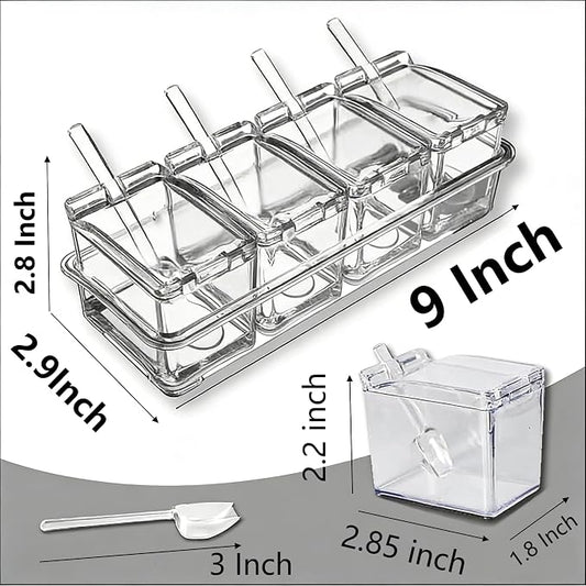 Clear 4-Piece Condiment Seasoning Container Set with Lids & Spoons | 4pc clear condiment set with lids & spoons, non-slip tray countertop storage for salt sugar pepper spice