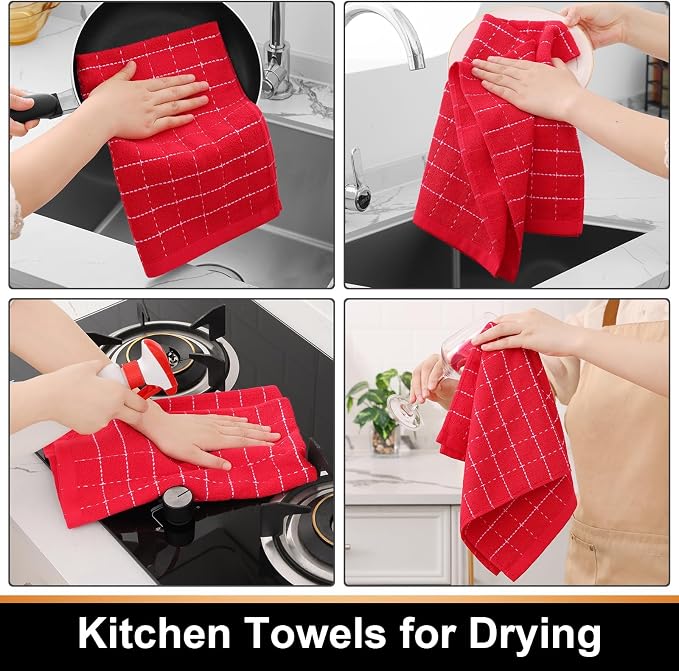 Mordimy 100% Cotton Terry Cloth Kitchen Towels, Super Soft and Absorbent Dish Towels for Drying, Checkered Designed Hand Towels for Kitchen, 13 x 28 Inches, 4 Pack, Red