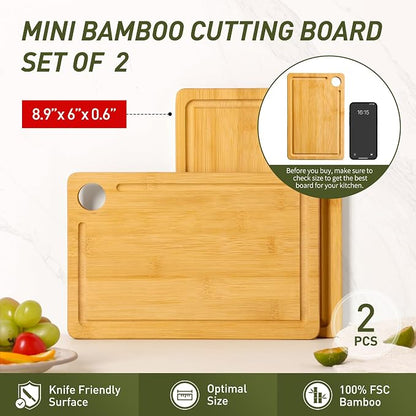 2 Pack Small Bamboo Wood Cutting Board for Kitchen 8.6" x 6" Mini Wooden Charcuterie Boards Lightweight Chopping Board Non Toxic Serving Board Tiny Chef Set Camping Fruit Lemon Sandwich Cheese Board
