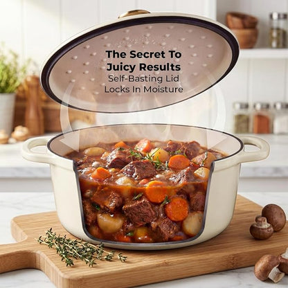 Zulay Kitchen 6.4QT Enameled Cast Iron Dutch Oven Pot with Lid, Heavy-Duty Soup Pot for Stews, Braising, Roasting & Sourdough Bread Baking, Oven Safe up to 500°F - Ivory