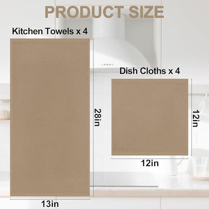 Homaxy 100% Cotton Kitchen Towels and Dishcloths Set, 12 x 12 Inches and 13 x 28 Inches, Set of 8 Bulk Kitchen Towels Set, Ultra Soft Absorbent Dish Cloths for Washing Dishes, Tan