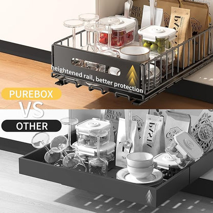 PureBox Pull Out Cabinet Organizer, Slide Out drawers for cabinets, Heavy Duty Carbon Steel Roll Out Shelves for kitchen, bathroom, pantry (14.7’’-23.1’’ Slide, Adhesive & Screw), Black (1)