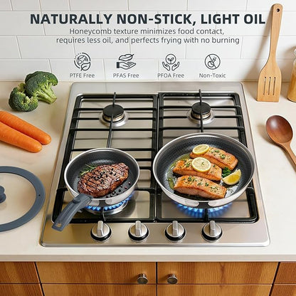 Ciwete Hybrid Non Stick Frying Pans Set 4-Piece, 8 & 10 Inch Tri-Ply Stainless Steel Pans with Lid and Detachable Handle, PFOA Free Skillets for All Cooktops, Dishwasher & Oven-Safe Cookware Set