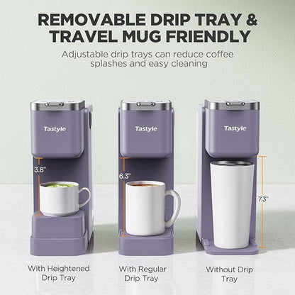 Tastyle 330MF Single Serve Coffee Maker with Built-in Detachable Milk Frother, Iced and Hot Coffee Machine for K Cup & Grounds, 40oz Removable Water Tank, 6 Cup Sizes, Fits 7.3" Travel Mug, Purple