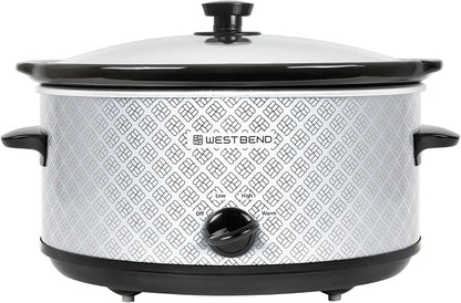 West Bend Slow Cooker 6-Quart Manual Crockery Style with Dishwasher Safe Oval Ceramic Crockpot and Glass Lid Two Temperature Settings Plus Keep Warm, 330-Watts, Silver