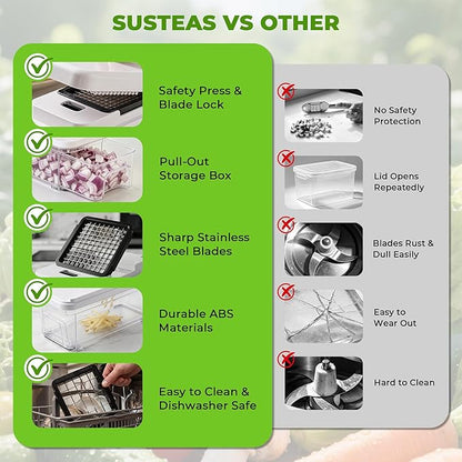 SUSTEAS Kitchen Vegetable Chopper and Mandolin Slicer, Vegetable Cutter with Pull-Out Container, Multifunctional Chopper for Onion, Potato, Food and Fruit, Essentials Kitchen Gadgets (7-in-1, White)