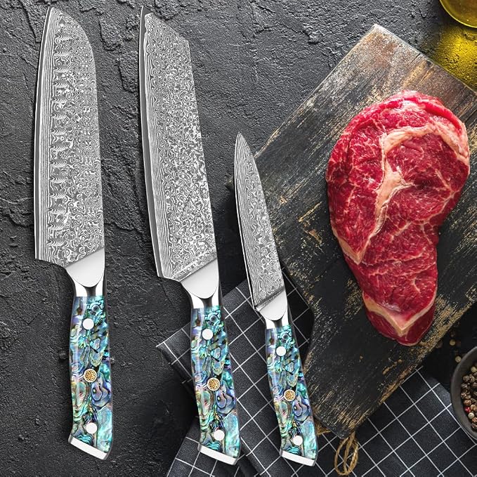 KEENZO 3PCS Kitchen Knife Set, Professional Kitchen Knives with 8"Chef, 8"Kiritsuke knife, 5"Utility Knife, Japanese Hand Forged 67 Layers Damascus Steel Cooking Knife, Ergonomic Abalone Shell Handle