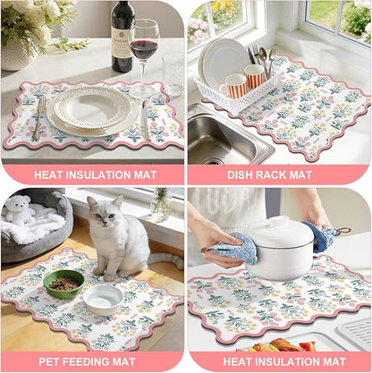 LOKHOM Scalloped Floral Dish Drying Mat, 18"x24" Super Absorbent Coffee Mat with Unique Pink Pastoral Floral, Cuttable Hide Stain Non-slip Drying Mat for Kitchen Counter Coffee Maker Espresso Machine