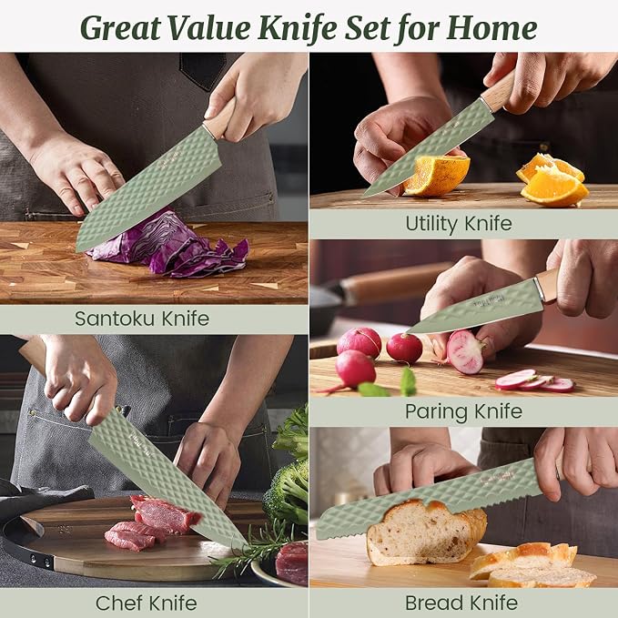 12-Piece Modern Green Knife Block Set with Drawer Organizer, Stainless Steel Knife Set, 6 Steak Knives, Non-Stick Coated Blades