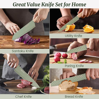 12-Piece Modern Green Knife Block Set with Drawer Organizer, Stainless Steel Knife Set, 6 Steak Knives, Non-Stick Coated Blades