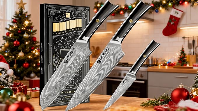 BRODARK Damascus Chef Knife 3 PCS, VG10 Steel Full Tang Sharp Professional Japanese Chef Knife Set for Kitchen, Ergonomic Pakkawood Handle Damascus Knife Set with Gift Box