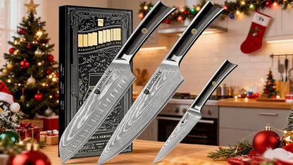 BRODARK Damascus Chef Knife 3 PCS, VG10 Steel Full Tang Sharp Professional Japanese Chef Knife Set for Kitchen, Ergonomic Pakkawood Handle Damascus Knife Set with Gift Box
