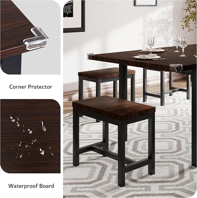 iPormis 7-Piece Dining Table Set with 6 Stools, 63" Extendable Kitchen Table Set for 4-8, Modern Dining Room Table with Sturdy Metal Frame, Space-Saving Dinette, Espresso