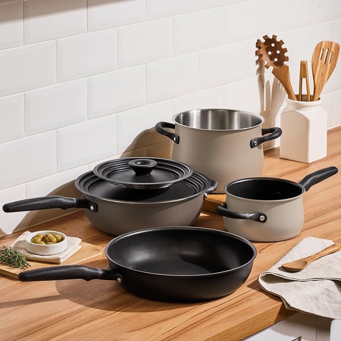 Meyer 6pc Stackable Set with Universal Lids | Hard Anodized Non Stick and Stainless Steel Pots and Pans | Induction Compatible | Dishwasher Safe | Oven Safe | Black & Gray | Accent Series Cookware