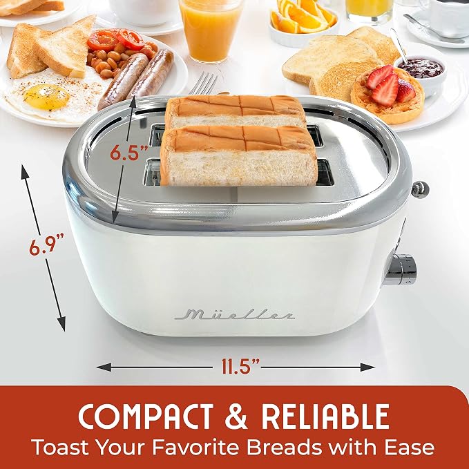 MUELLER HOME Retro Toaster 2 Slice, 7 Browning Levels, 3 Functions (Reheat, Defrost, Cancel), Stainless Steel Features, Removable Crumb Tray, Under Base Cord Storage, White Toaster Kitchen Appliances