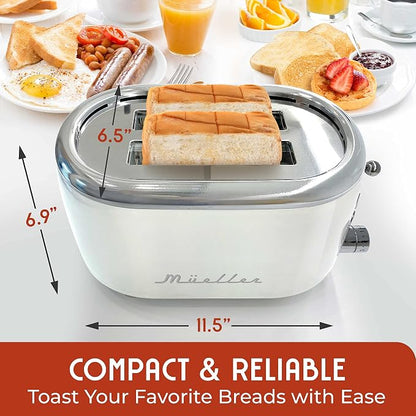 MUELLER HOME Retro Toaster 2 Slice, 7 Browning Levels, 3 Functions (Reheat, Defrost, Cancel), Stainless Steel Features, Removable Crumb Tray, Under Base Cord Storage, White Toaster Kitchen Appliances