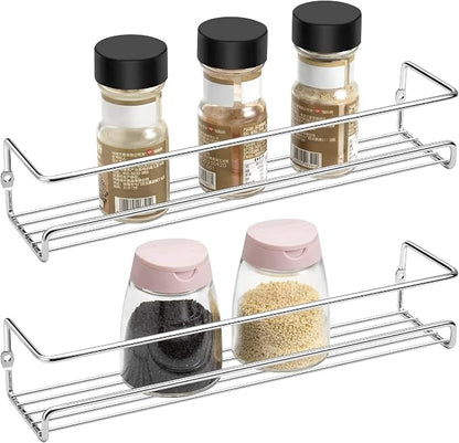 Lonian 2-Tier Wall Mounted Spice Rack Organizer, Chrome Metal Spice Shelf Storage Basket for Kitchen Cabinet/Pantry Door, Includes Drilling & No-Drilling Installation Options