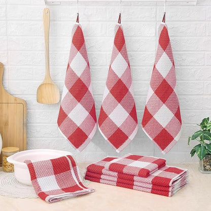 Homaxy Kitchen Towels and Dishcloths Set, 12 x 12 and 13 x 28 Inches, Set of 8 Bulk Cotton Waffle Weave Check Plaid Kitchen Towels, Super Soft and Absorbent Dish Towel, White & Red
