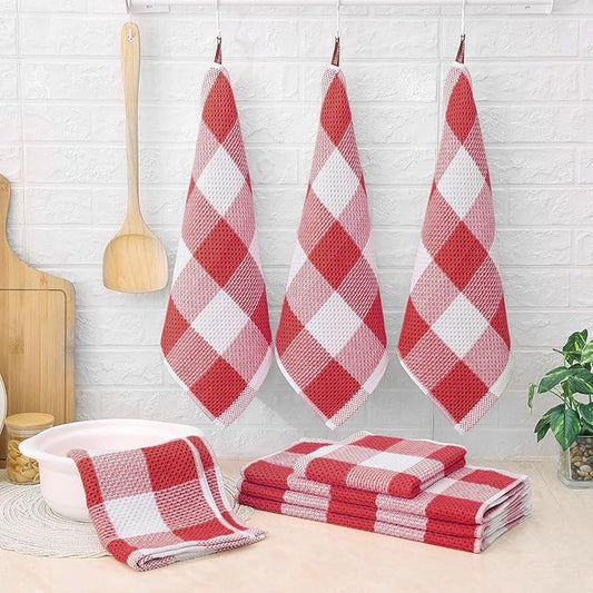 Homaxy Kitchen Towels and Dishcloths Set, 12 x 12 and 13 x 28 Inches, Set of 12 100% Cotton Waffle Weave Check Plaid Kitchen Dish Towels, Super Soft and Absorbent Dish Cloths, White & Red