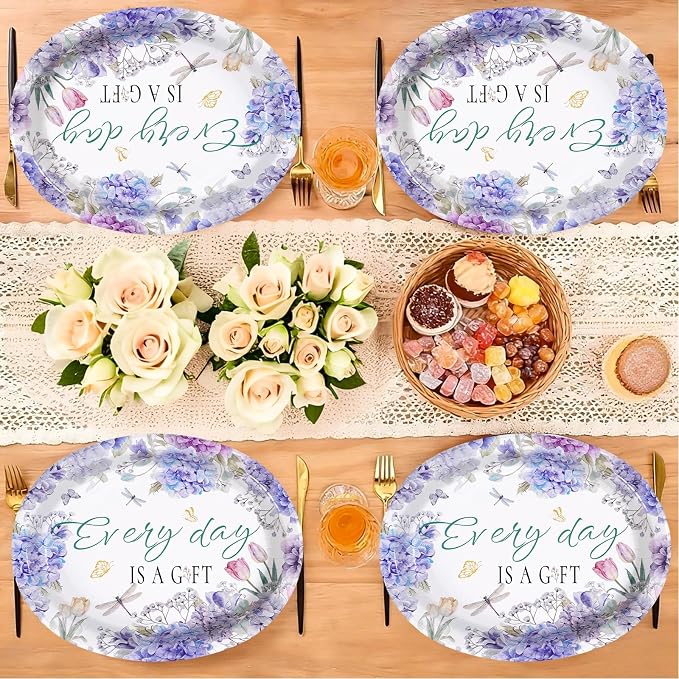 50Pcs Hydrangea Oval Paper Plates 10" x 12" Large Disposable Heavy Duty Purple Floral Dragonfly Paper Platters Every Day Is A Gift Dessert Plates for Wedding Bridal Shower Dinner Party Supplies