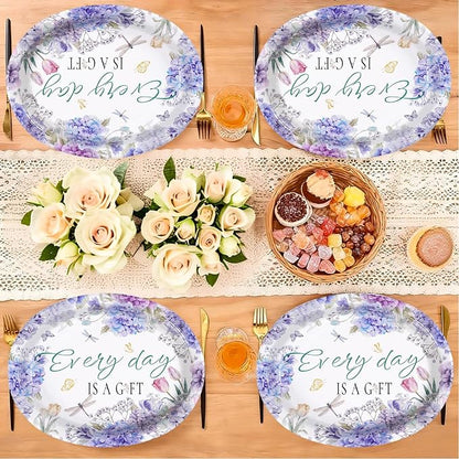 50Pcs Hydrangea Oval Paper Plates 10" x 12" Large Disposable Heavy Duty Purple Floral Dragonfly Paper Platters Every Day Is A Gift Dessert Plates for Wedding Bridal Shower Dinner Party Supplies