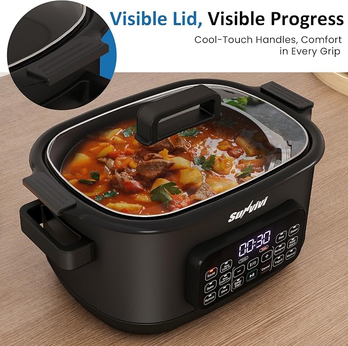 12-in-1 Multicooker, 6.5QT Slow Cooker Roaster Oven, Digital Programmable Multi Functional Pot with Timer Temp Control Delay Start Glass Lid Removable Nonstick Pot, Roast/Steam Rack, Black