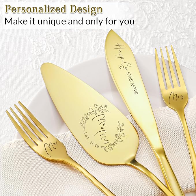 Wedding Cake Knife and Server Set, 4 Pack Stainless Steel Cake Cutting Knife, Slicer and Forks Server for Wedding, Anniversary, Birthday, Baby Shower(Gold 2026)