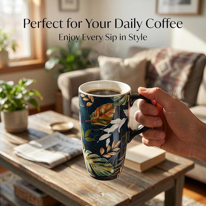Topadorn 17oz Ceramic Travel Mug with Lid and Handle, Leaf Art Coffee Cup, Nature Inspired Porcelain Mug, Microwave & Dishwasher Safe, Gift Box Included