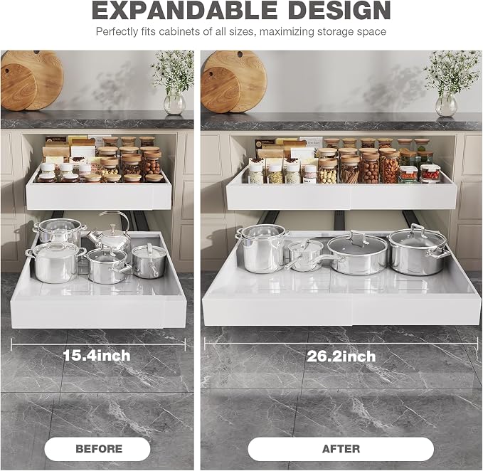 Seinloes 1 Pack Pull Out Cabinet Organizer 21" Deep,Full Extension 3 Slide Rails Slide Out Drawers With Raising Pad for Framed Cabinets,Expandable Width (15.4"-26.2"),No Drill Roll Out Shelves,White