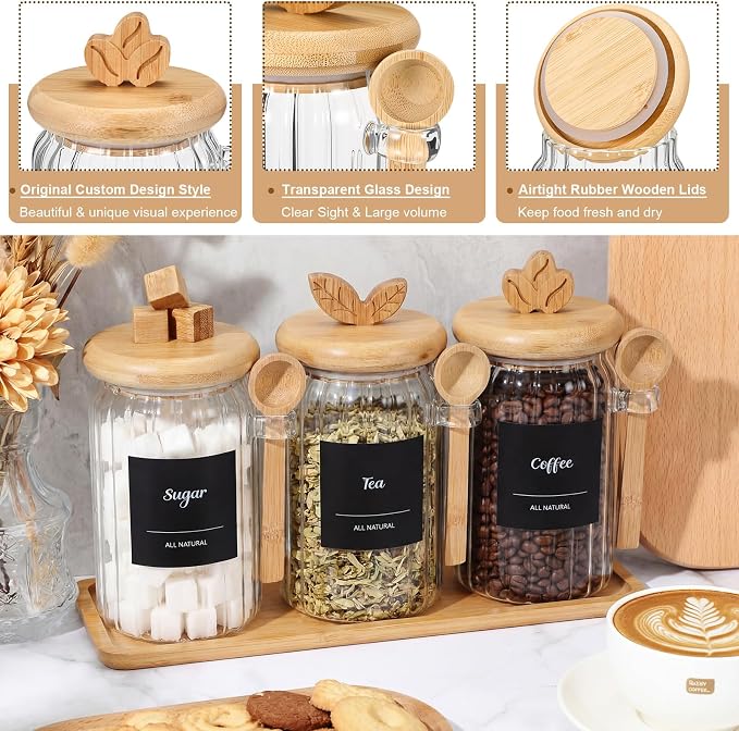 Suclain 3 Pcs Glass Coffee Container with Bamboo Color Lid & Spoon, 25 oz Airtight Glass Jar with Wooden Shelf, Food Storage Containers Coffee Jar Tea Container(Bamboo Color)