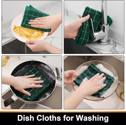Mordimy 100% Cotton Terry Cloth Dish Cloths, Soft and Absorbent Checkered Dish Towels, Quick Drying Dish Rags for Washing Dishes, 8 Pack, 12 x 12 Inches, Dark Green