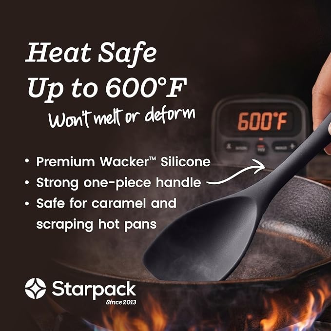 StarPack XL Spoonula The All-Rounder 13.5 Inches - LFGB Silicone Spoon Spatula, 600°F Heat Resistant, BPA-Free - One-Piece Seamless, Dishwasher Safe - for Nonstick Cookware and Deep Pots, Gray Black
