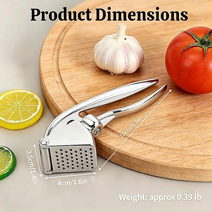 Garlic Press, Zinc Alloy Garlic Ginger Crusher & Mincer Tool Heavy Duty Garlic Mincer & Grinder with Large Chamber Multiple Studs Dishwasher Safe Ergonomic Handle Easy Squeeze Kitchen Essential