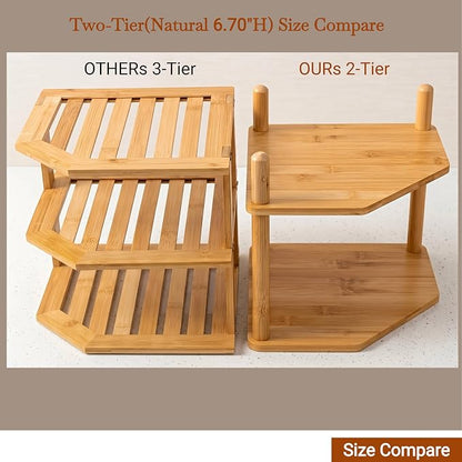 2-Tier Expandable Bamboo Corner Shelf - Dish/Plate Organizer for Cabinet, Kitchen Counter Shelf & Small Kitchen Shelf, Adjustable (6.7" H-Natural, 2-Tier)