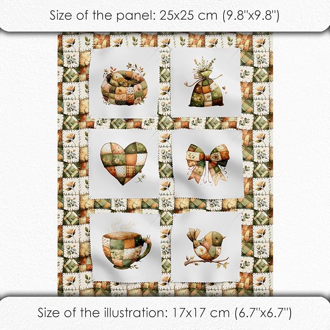 Rustic Patchwork Cotton Fabric Panel – 6 Designs (10"×10" inch Each) + Bonus Patchwork Sheet 29.5"×19.6" inch, 100% Cotton 140 GSM