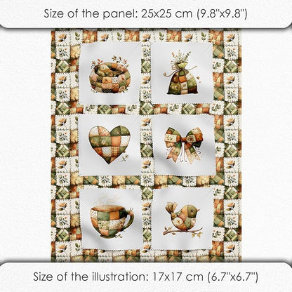 Rustic Patchwork Cotton Fabric Panel – 6 Designs (10"×10" inch Each) + Bonus Patchwork Sheet 29.5"×19.6" inch, 100% Cotton 140 GSM