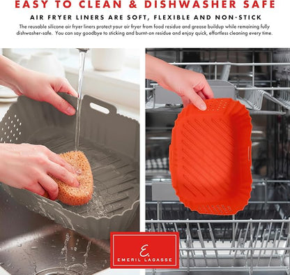 Reusable Silicone Air Fryer Liners for Emeril Lagasse Air Fryer Oven – Non-Stick Reusable Air Fryer Basket Liners – Dishwasher Safe – 9 x 7 x 3 Inch – 2 Pack – Black/Gray