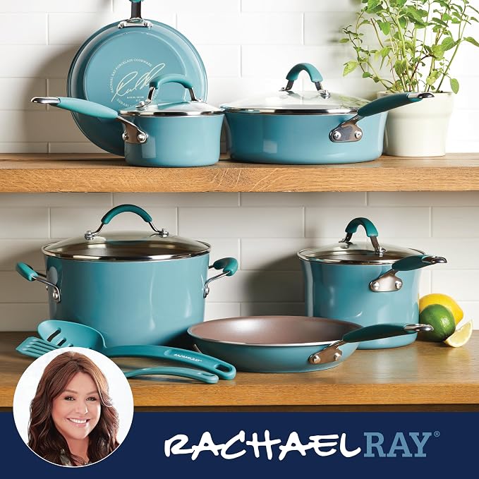 Rachael Ray Cucina Nonstick Cookware, Agave Blue Pots and Pans Set, 12-Piece