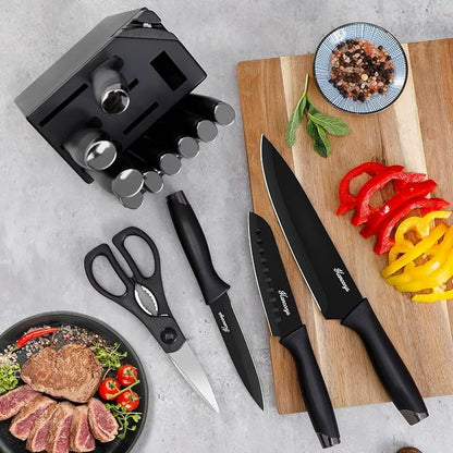 Knife Sets for Kitchen with Block, 15 Pieces Chef Knife Set with Self Sharpening, Stainless Steel Nonstick Ceramic Anti-Rust Coating Blades, Ergonomic Handle, Black Grey
