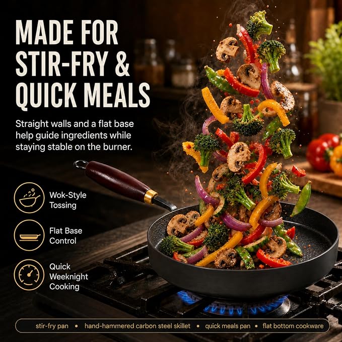 Calmabode 9.5” Hand-Hammered Carbon Steel Pan with Wooden Lid | Nitrided carbon steel, flat bottom, detachable wood handle, ideal for eggs, steak, searing, sautéing and daily cooking
