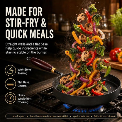 Calmabode 9.5” Hand-Hammered Carbon Steel Pan with Wooden Lid | Nitrided carbon steel, flat bottom, detachable wood handle, ideal for eggs, steak, searing, sautéing and daily cooking