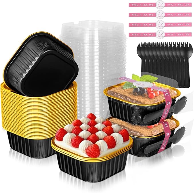 10oz Aluminum Foil Brownie Pans with Lids and Spoons, 40 Pack Square 4”X4” Disposable Ramekins Muffin Tins,Mini Cake Pans Baking Cups,Individual Cupcake Containers Dessert Cups - Black Gold