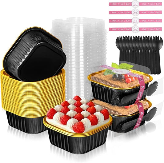 10oz Aluminum Foil Brownie Pans with Lids and Spoons, 40 Pack Square 4”X4” Disposable Ramekins Muffin Tins,Mini Cake Pans Baking Cups,Individual Cupcake Containers Dessert Cups - Black Gold
